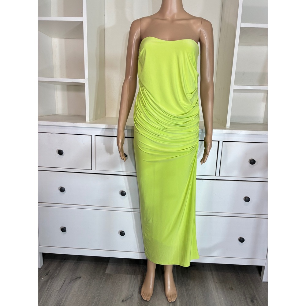 Naked Wardrobe Maxi Dress Women Small Neon Lime Green Strapless Ruched Bodycon